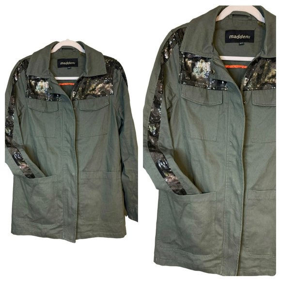 Madden NYC Women's Jacket SZ Small Olive Zip Military Style Sequin Long Sleeve - Picture 1 of 8